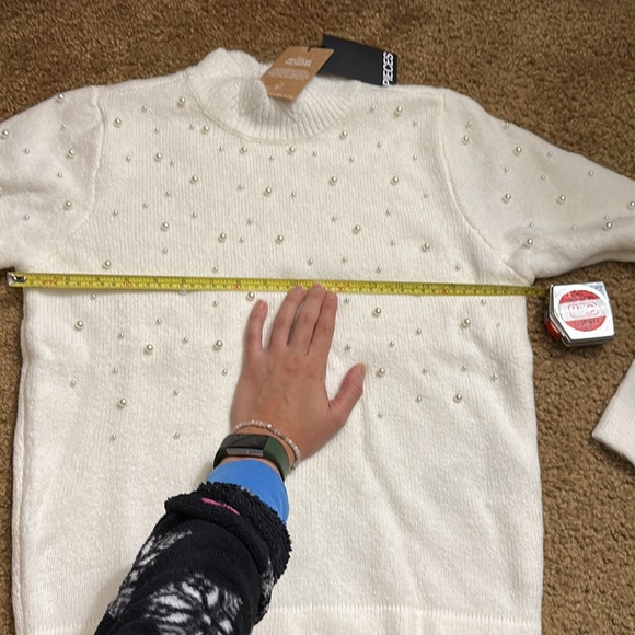 ASOS Pieces high neck pearl detail scallop sweater in cream size small - Picture 7 of 10